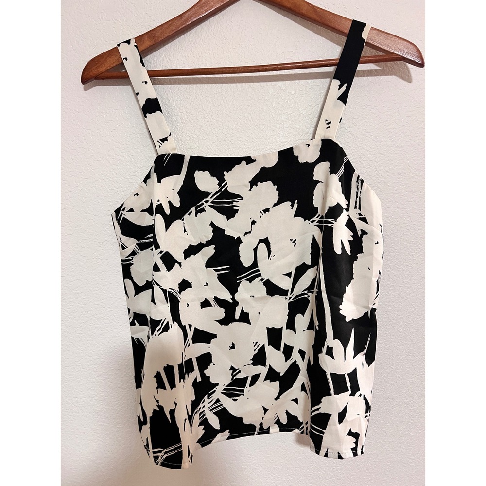 Banana Republic Floral Tank Top Womens XS Black White Silky Sleeveless NWT